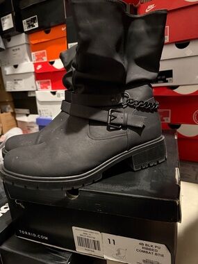 torrid Black Ribbed Combat Boots with Chain Buckle Detail